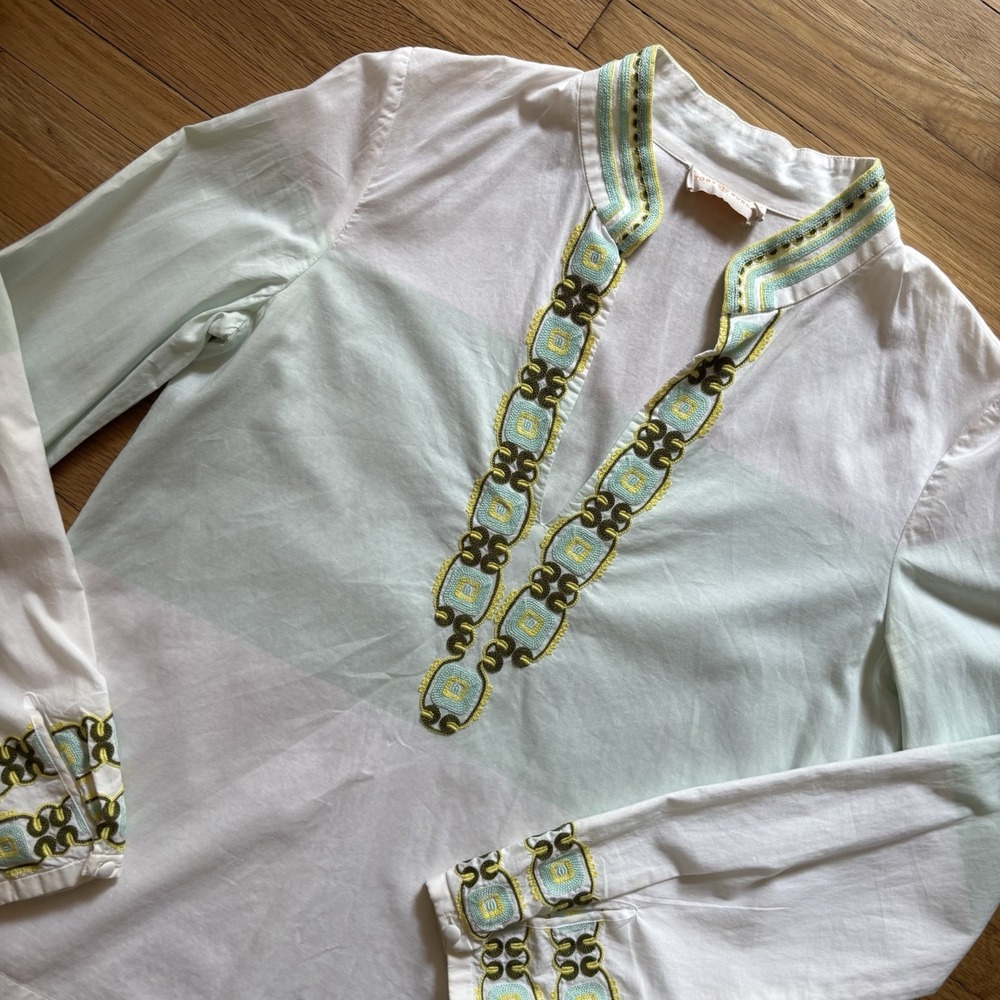 Tory Burch Long Sleeve Embroidered Tunic Isla Collins Stripe Top 2 Cotton Chic
